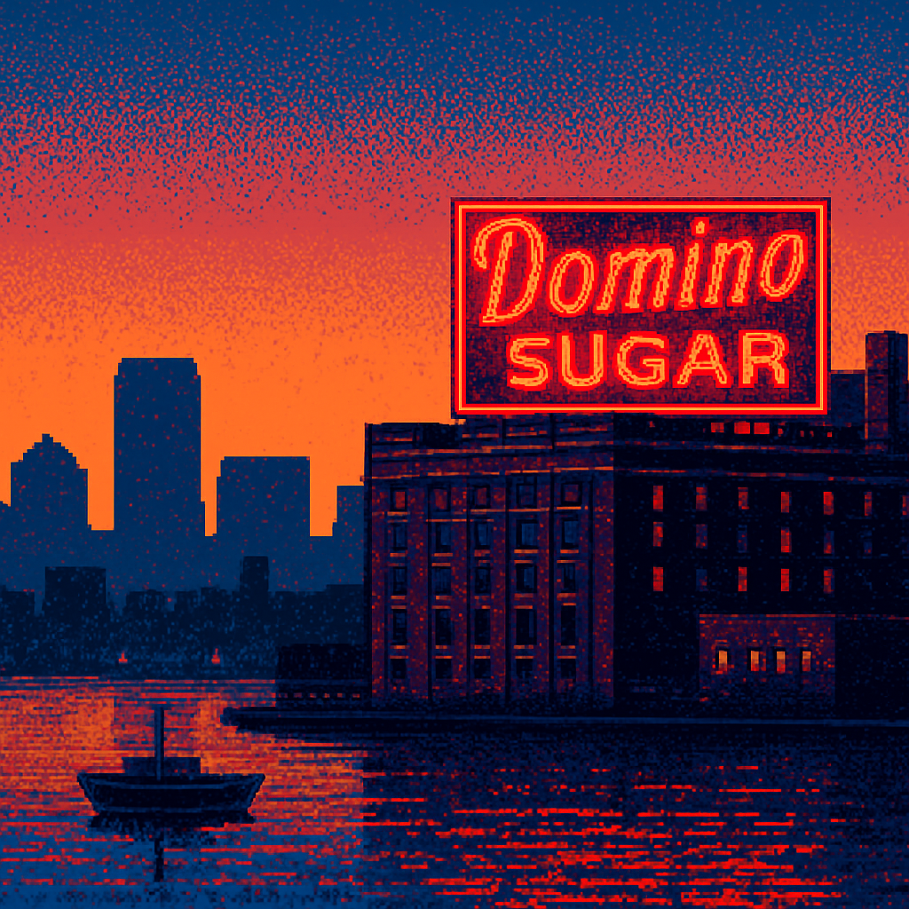 Pixel-art Baltimore Inner Harbor at dusk with a glowing sugar sign